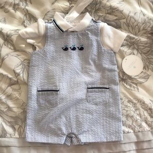 Baby boy pinstripe whale outfit